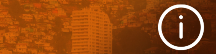 Rectángulo con paisaje de edificios y casas con filtro color anaranjado degradado a marrón, a la derecha hay un ícono lineal color blanco de un círculo con la letra i su interior