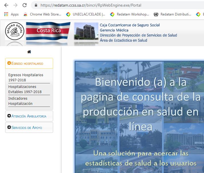 Imagen 1: Interfaz Redatam Webserver de la CCSS