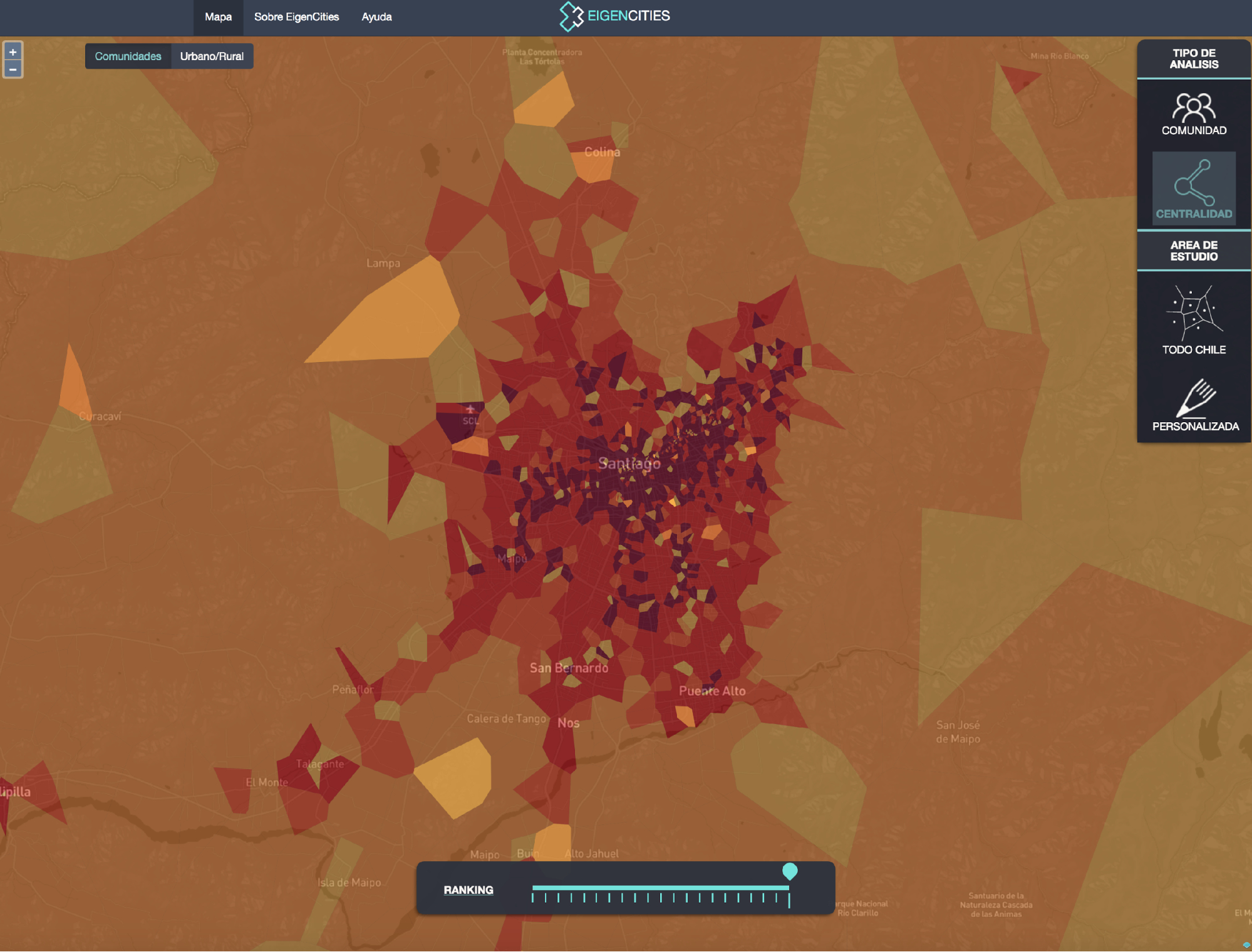 Visualizador de Eigencities, para el caso de Santiago de Chile y sus alrededores