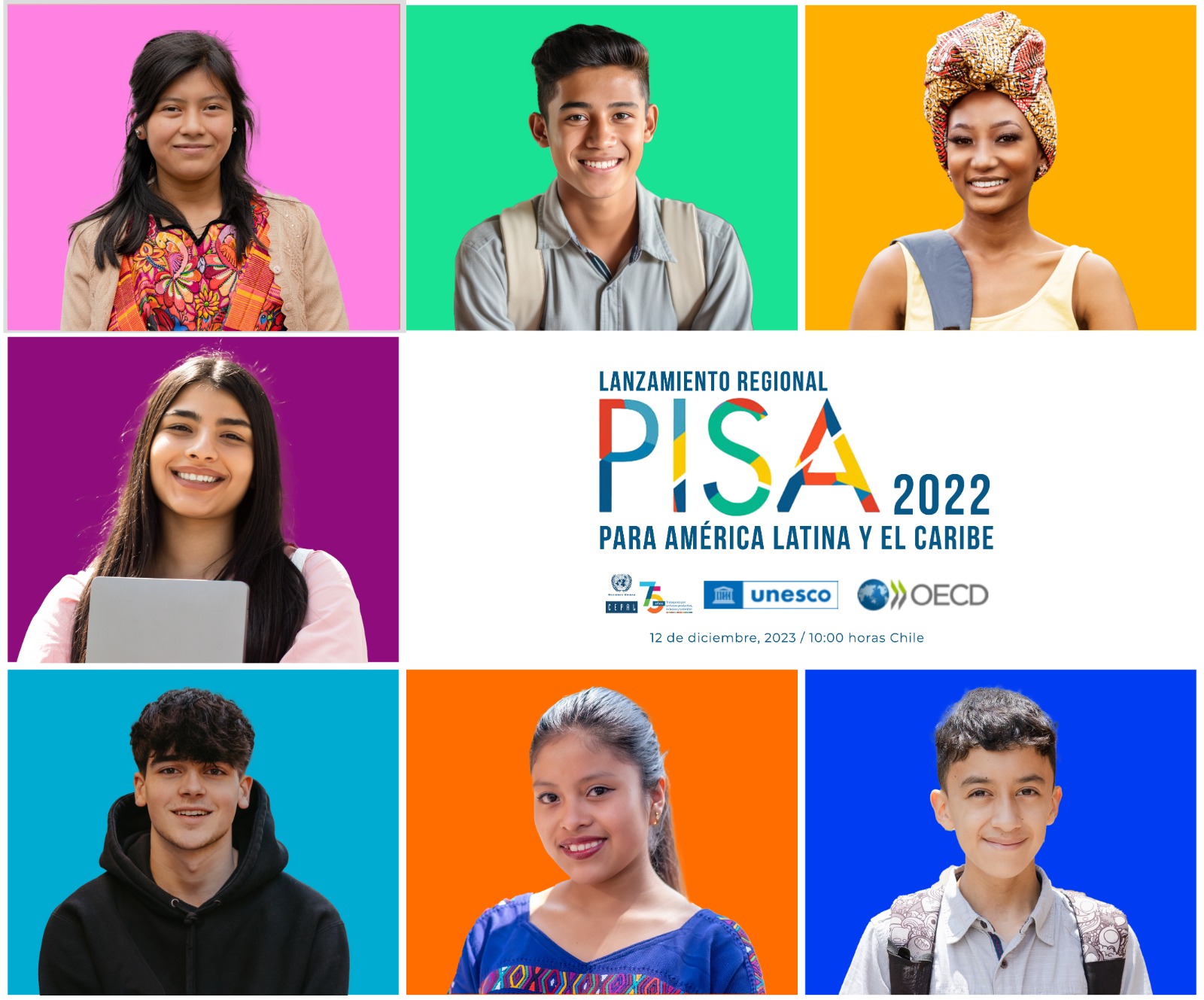 invitación al evento con fotos coloridas de 7 jóvenes
