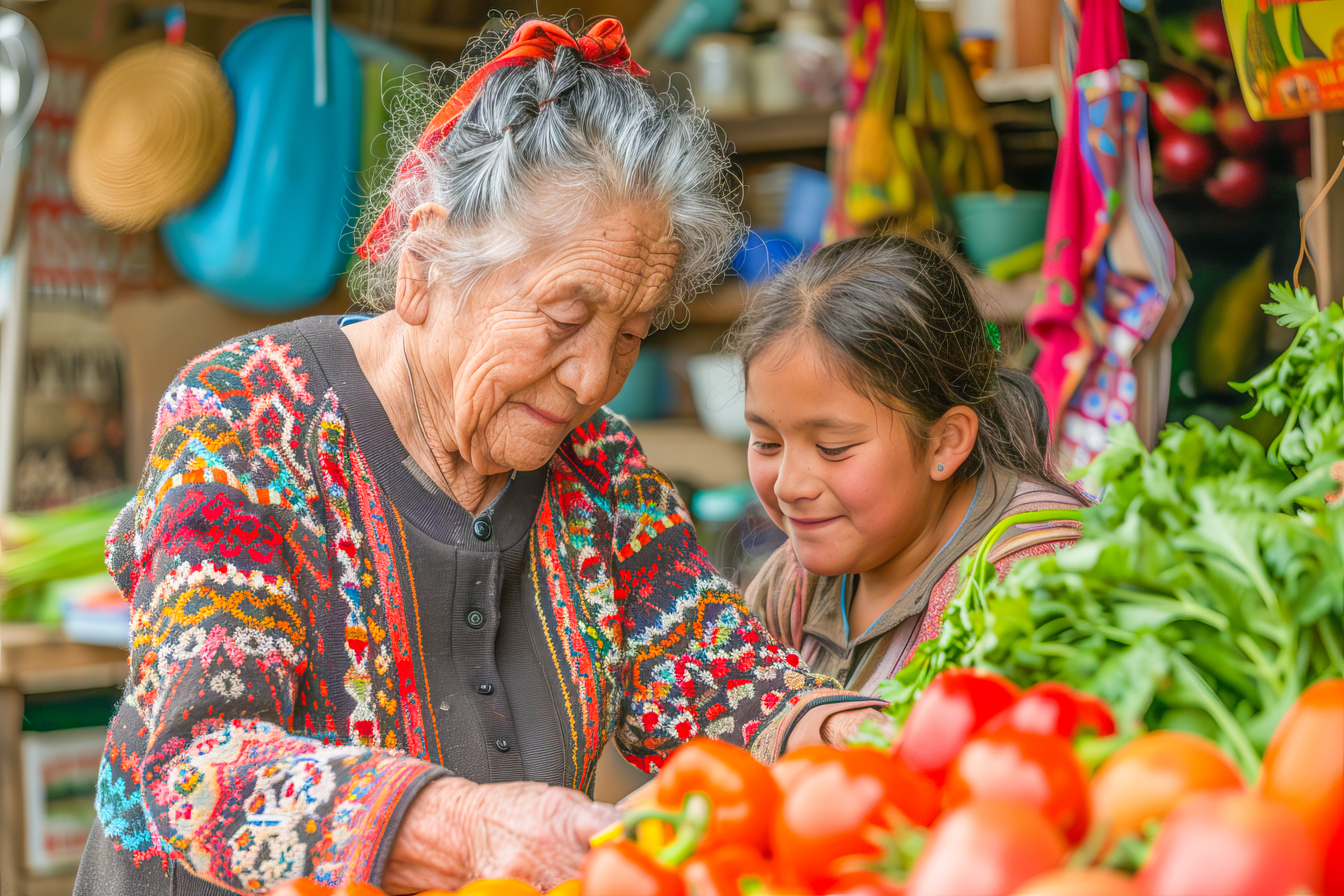 An elderly woman and a young girl, both wearing colorful traditional clothing, choose fresh vegetables at an outdoor market stand.