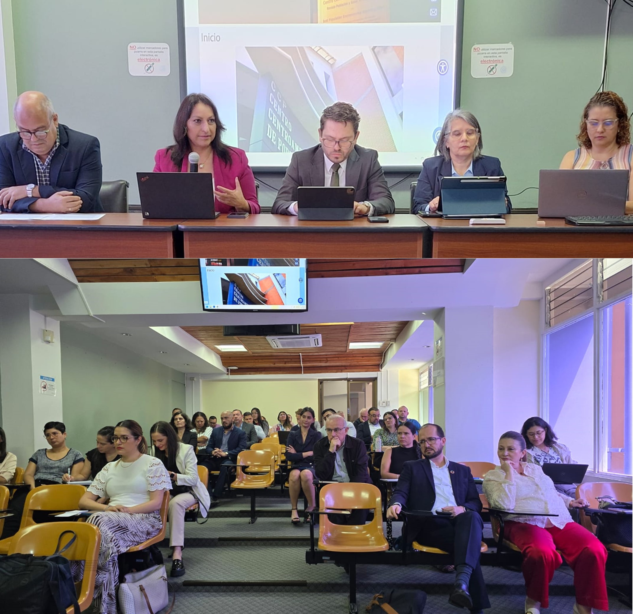 Dos imágenes de un seminario. En la parte superior, cinco personas están sentadas en una mesa con laptops y una presentación proyectada detrás. Una mujer habla con micrófono. En la parte inferior, el público asiste sentado en filas de sillas tipo aula.