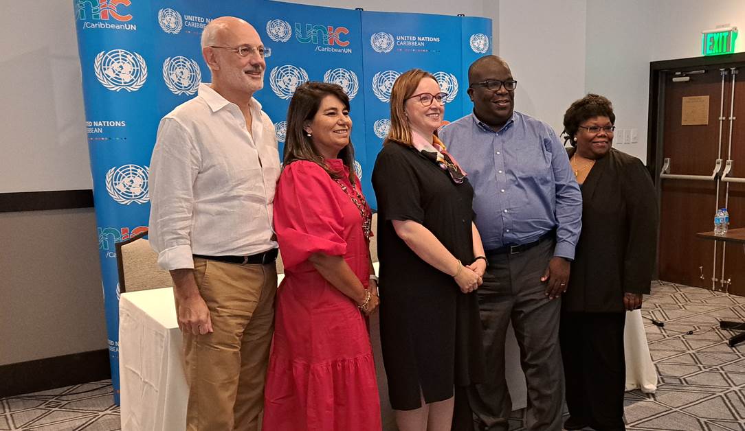 From left: Janos Tisovsky - Deputy Director, Campaigns and Country Operations Division (CCOD), Department of Global Communications; Liliana Garavito - Director UN Information Centre for the Caribbean Area; Joanna Kazana - Resident Coordinator for Trinidad and Tobago and Dennis Zulu - Resident Coordinator for Jamaica and Diane Quarless - Director, Sub-Regional Headquarters for the Caribbean, Economic Commission for Latin America and the Caribbean. Photo Showing Panel of Speakers at the Media Breakfast