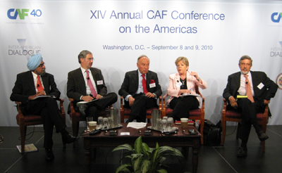 En la XIV Conferencia Anual sobre Comercio e Inversión en las Américas de la CAF estuvieron presentes Alicia Bárcena, Secretaria Ejecutiva de la CEPAL, Enrique García, Secretario General de la CAF, Santiago Levy, Vicepresidente del Banco Interamericano de Desarrollo (BID), Guillermo Perry, ex Ministro de Finanzas de Colombia, y Harinder Kohli, Presidente de Centennial Group.