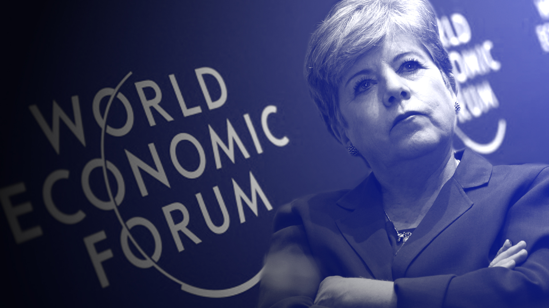 La Secretaria Ejecutiva de la CEPAL, Alicia Bárcena, con el logo del World Economic Forum.