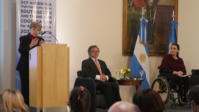 Alicia Bárcena aloong with the Under-Secretary-General for Economic and Social Affairs, Liu Zhenmin, and the Vice President of Argentina, Gabriela Michetti.