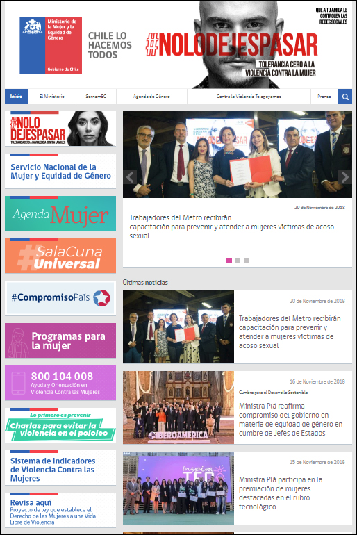 Pagina principal del Ministerio de la Mujer y equidad de Genero de Chile