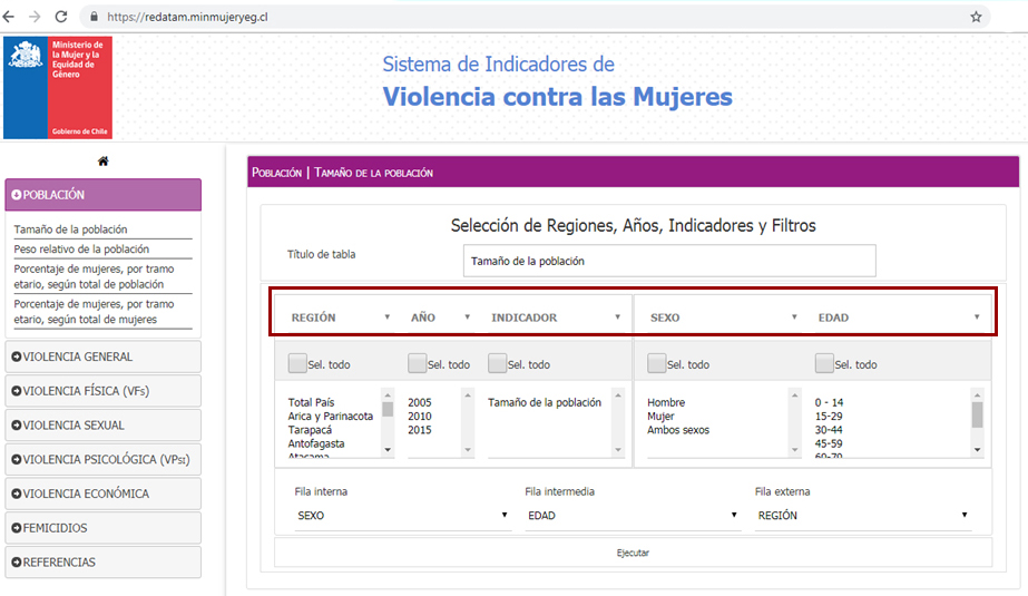 Variables y filtros a elegir en un indicador