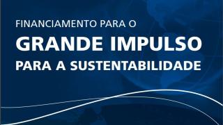 Fondo azul con texto: Seminário Financiamento para o Grande Impulso para a Sustentabilidade