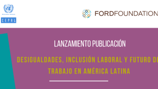 texto con invitación al lanzamiento de la publicación en fondo morado y verde con letras blancas y amarillas con logo CEPAL y Fundación FORD