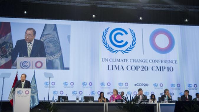 Foto de Ban Ki-moon en la  20ª Conferencia de las Partes de la Convención Marco de las Naciones Unidas sobre el Cambio Climático (COP20)