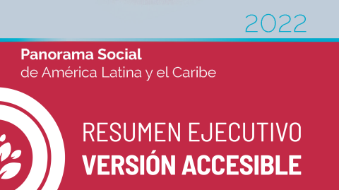 Arriba, texto azul en fondo gris: 2022. Abajo, texto blanco en fondo rojo: Panorama Social de Améric