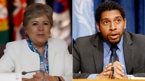 Alicia Bárcena, Executive Secretary of ECLAC, and Saint Vincent and the Grenadines Minister Camillo Gonsalves.