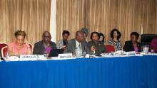 Gale T.C. Rigobert, Minister for Education, Innovation, Gender Relations and Sustainable Development of Saint Lucia, and Frederick Stephenson, Ministry of National Mobilisation, Social Development, Family, Gender Affairs, Persons With Disabilities and Youth of Saint Vincent and the Grenadines, participating in the ECLAC meeting in Port of Spain.