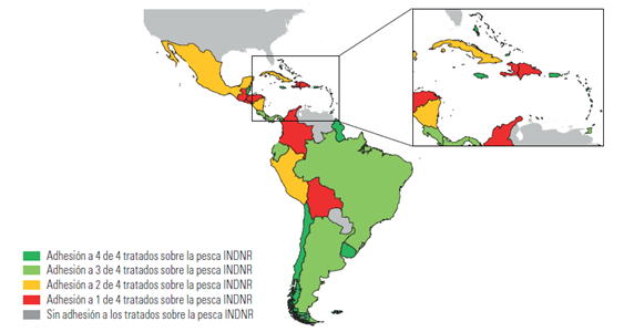 Mapa de ALyC que indica niveles de adhesión a tratados sobre la pesca INDNR